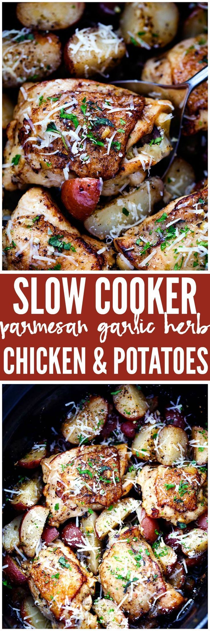 Slow Cooker Parmesan Garlic Herb Chicken is such an easy meal that is packed with amazing flavor! The potatoes cook to tender