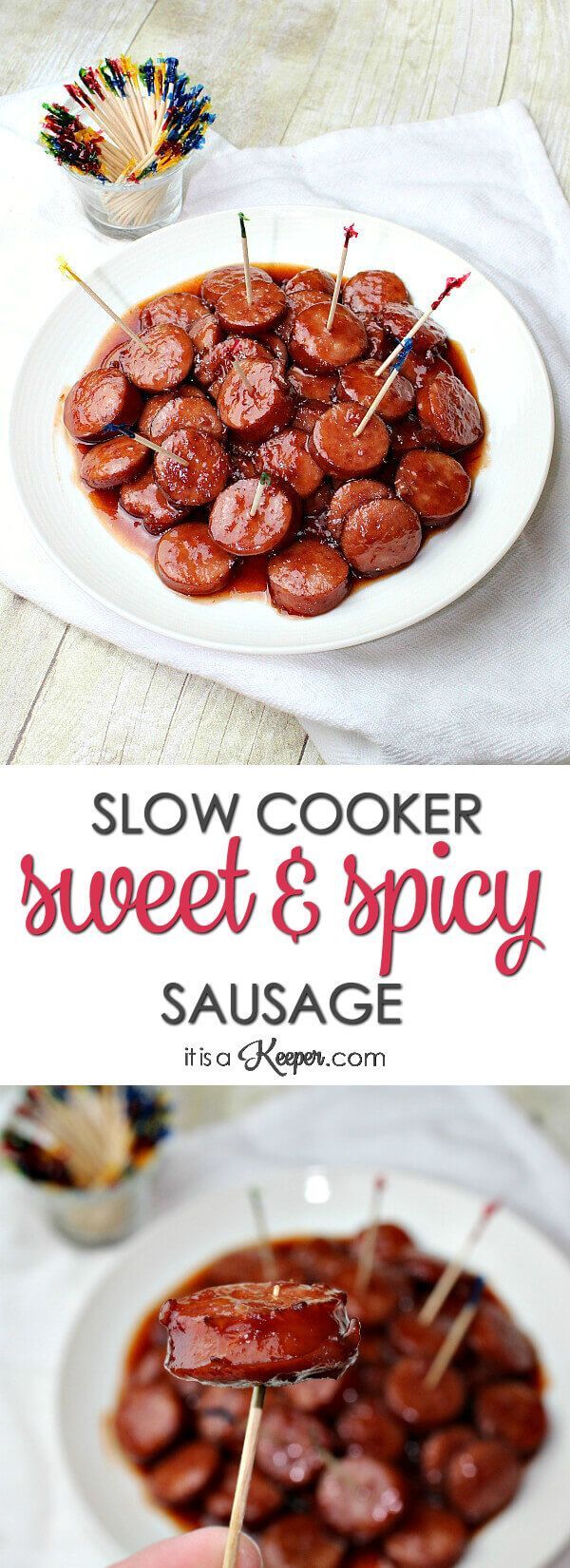 Slow Cooker Sweet and Spicy Sausage – this easy recipe is  perfect for any party – especially game day. It will quickly become one