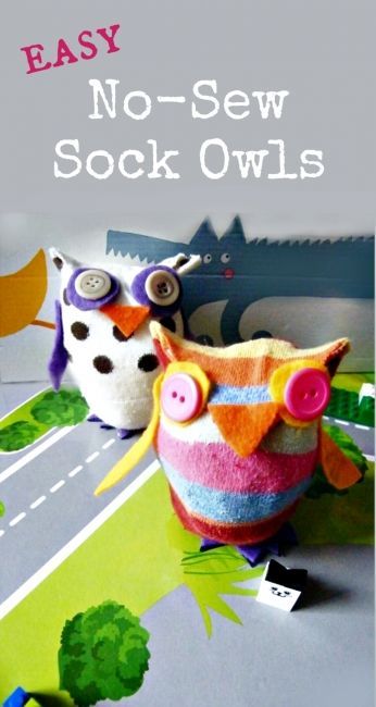 So, if you have some random socks lying around… you can make these no-sew owls 1-2-3. The can be cute for a child’s room or as