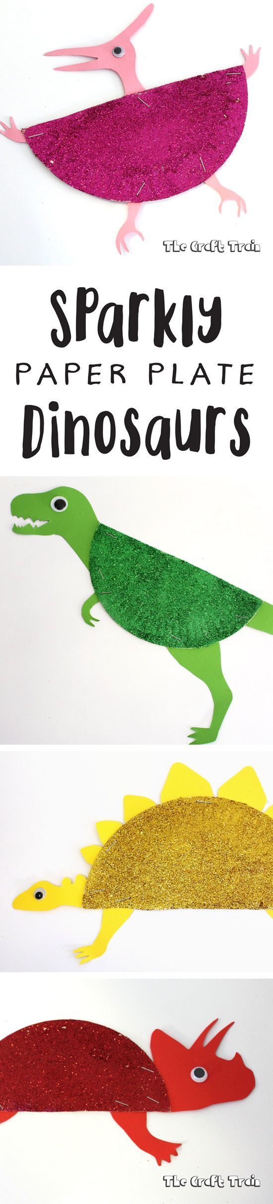 Sparkly paper plate dinosaur craft with free printable template