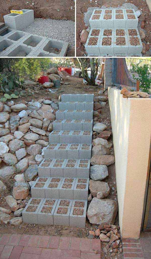 The Best 23 DIY Ideas to Make Garden Stairs and Steps. – Build outdoor steps with cinder blocks, then fill in the holes with small