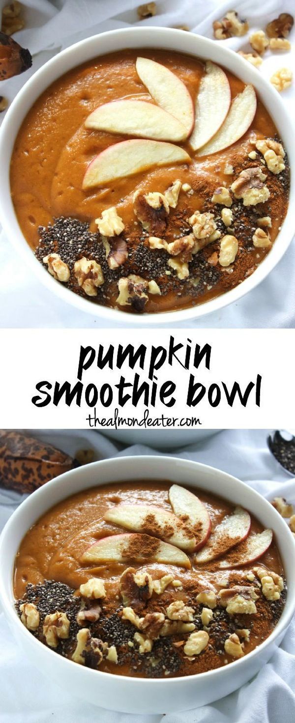 The most delicious and filling way to enjoy pumpkin for breakfast. Topped with apple slices, walnuts and cinnamon, this smoothie