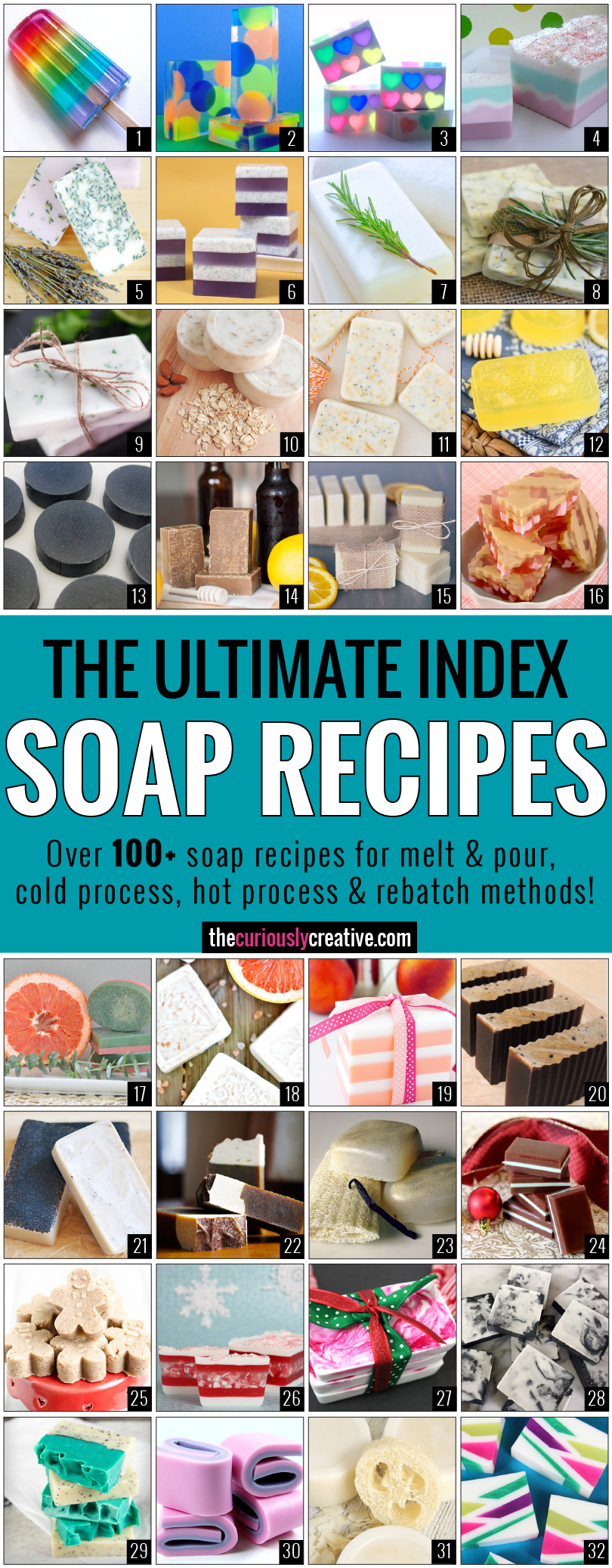 The Ultimate Soap Making Recipe Index – Includes over 100 soap recipes for melt & pour, cold process and hot process methods.