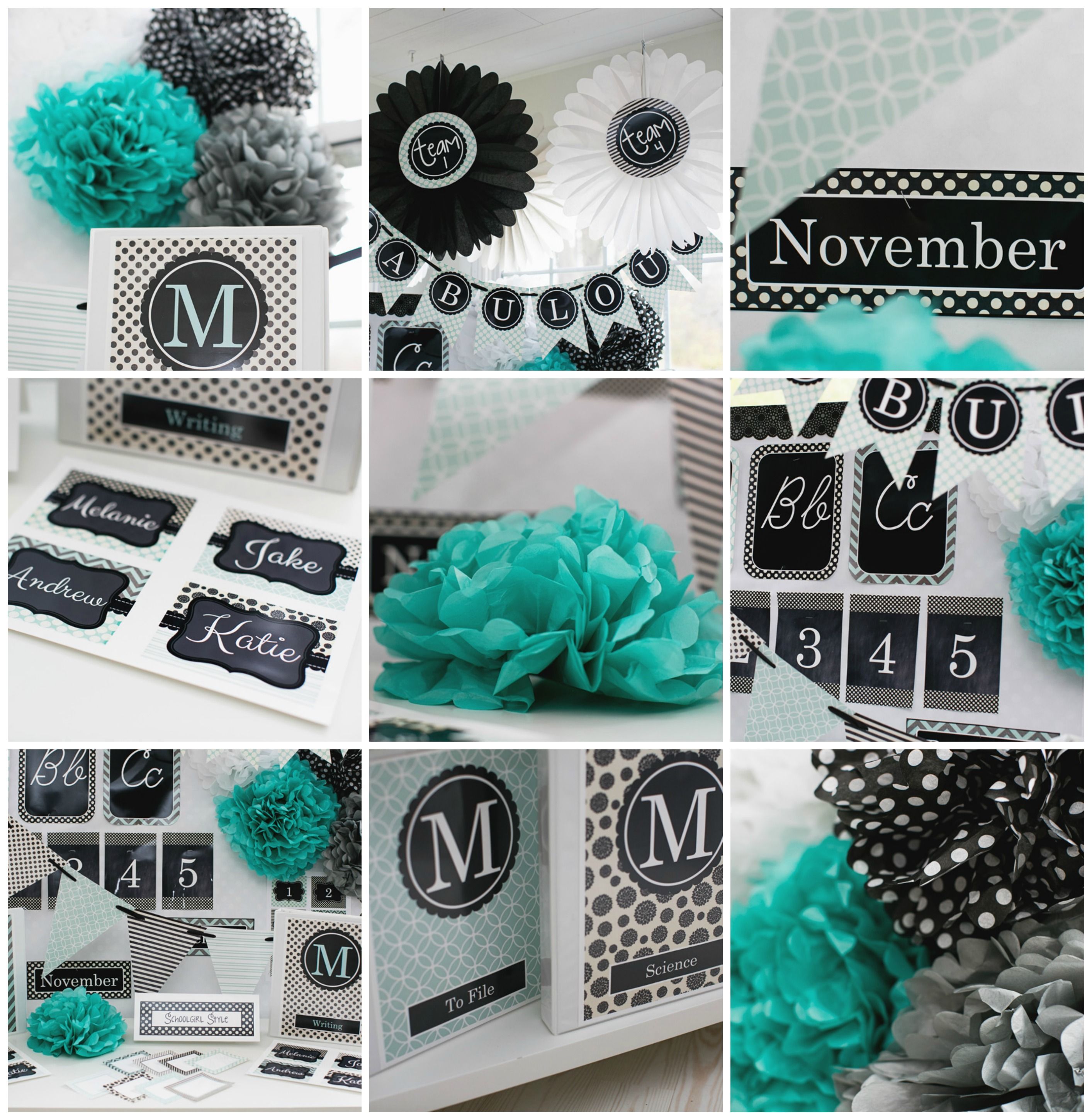 Turquoise black gray classroom theme and decor by Schoolgirl Style