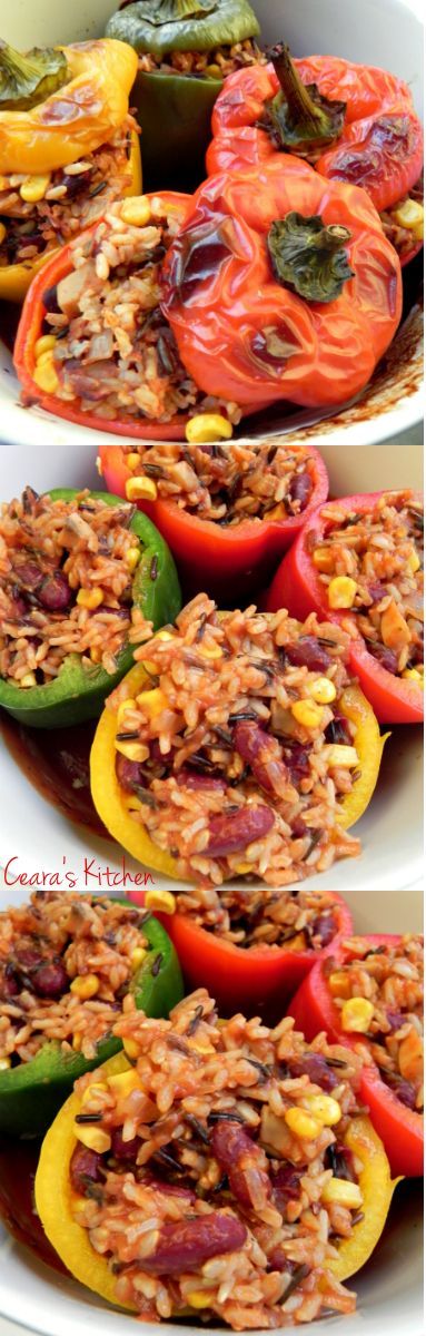 Vegan Stuffed Peppers! Sweet Bell Peppers stuffed with a hearty and filling mixture of tomatoes, wild rice, beans, vegetables and