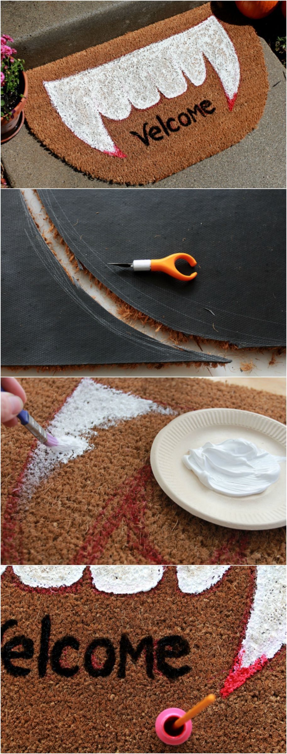 “Velcome to our home!” Ha! Super cool vampire doormat DIY mat for Halloween.