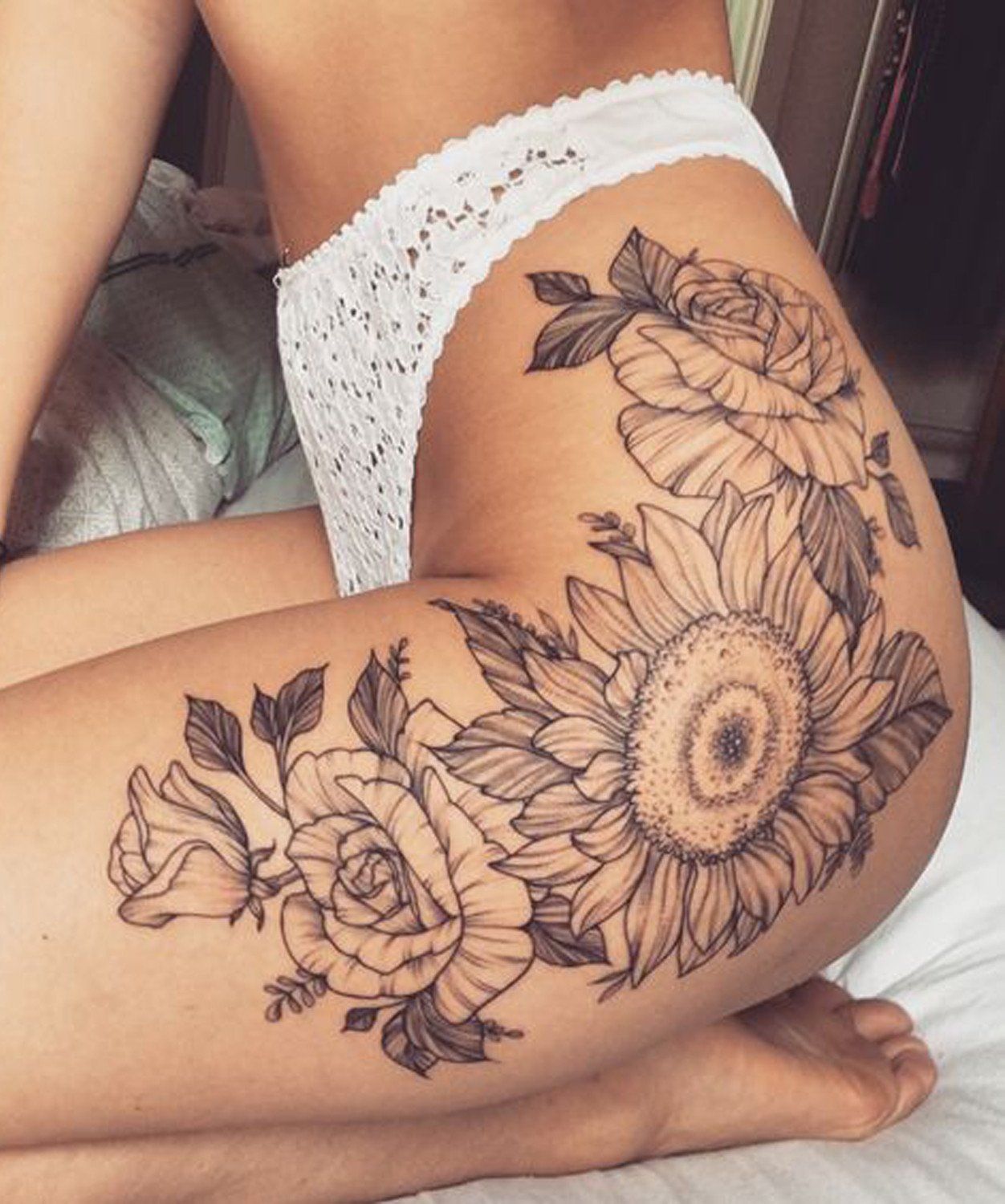 Vintage Black and White Realistic Sunflower Floral Leg Thigh Tattoo Ideas for Women at MyBodiArt.com