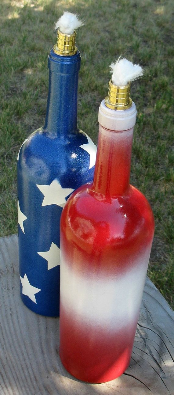 Wine bottle tiki torch, torch light, patio lighting, patriotic lighting, outdoor lighting, garden light, oil lamp, red white and