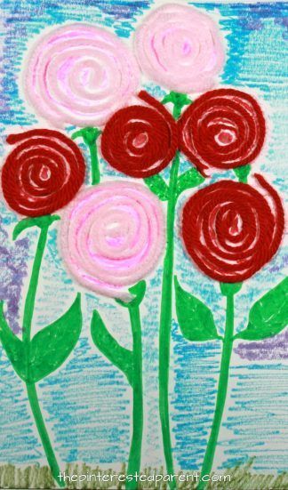 Yarn coiled roses. A great fine motor skill arts and craft idea for kids. Perfect for Valentine’s Day or Mother’s Day or to