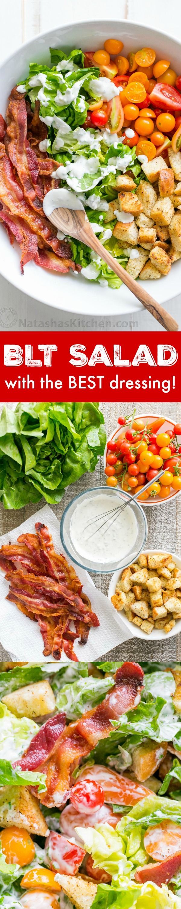 A BLT Salad loaded with fresh lettuce, crispy bacon, bright tomatoes, crunchy…