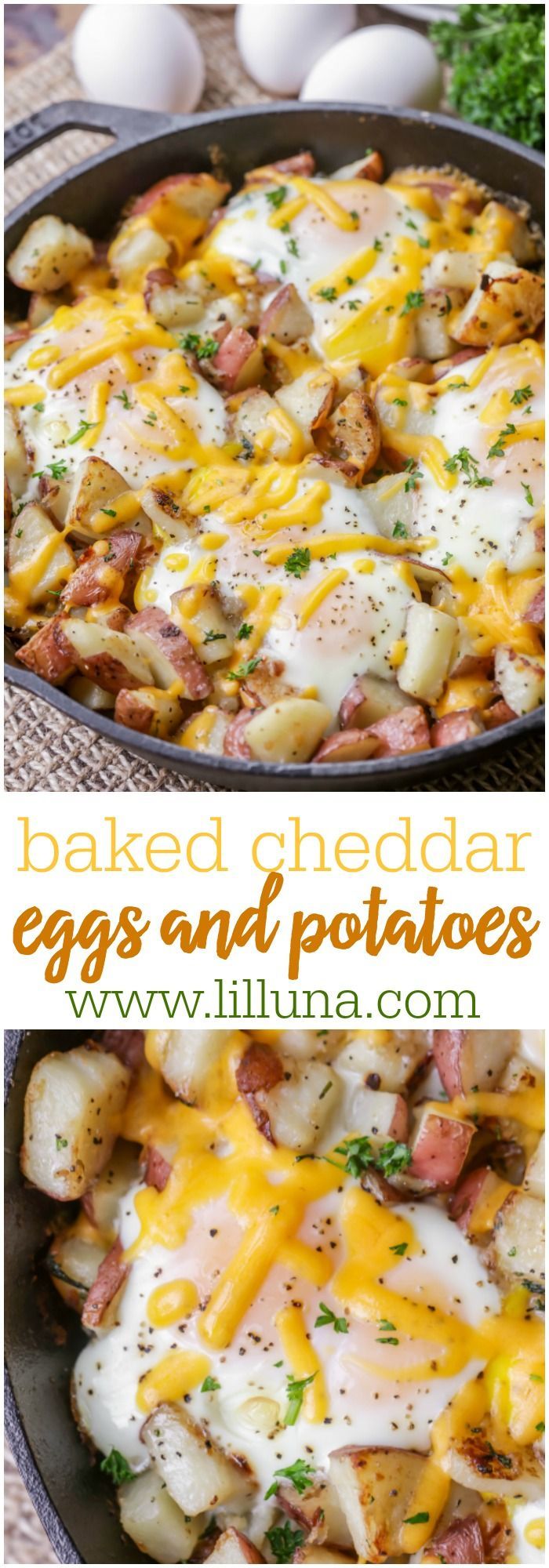 Baked Cheddar Eggs and Potatoes – the best way to make breakfast! It’s full of flavor, cheese and all your favorite breakfast