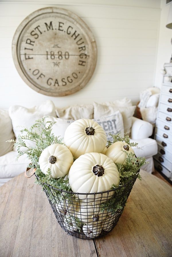 Basket of pumpkins neutral fall centerpiece