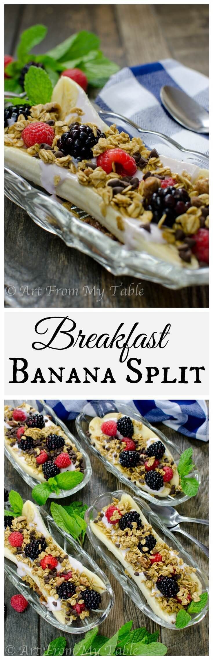 Breakfast Banana Split — banana, Greek yogurt, fresh fruit and granola. To make even healthier, use plain Greek yogurt and add