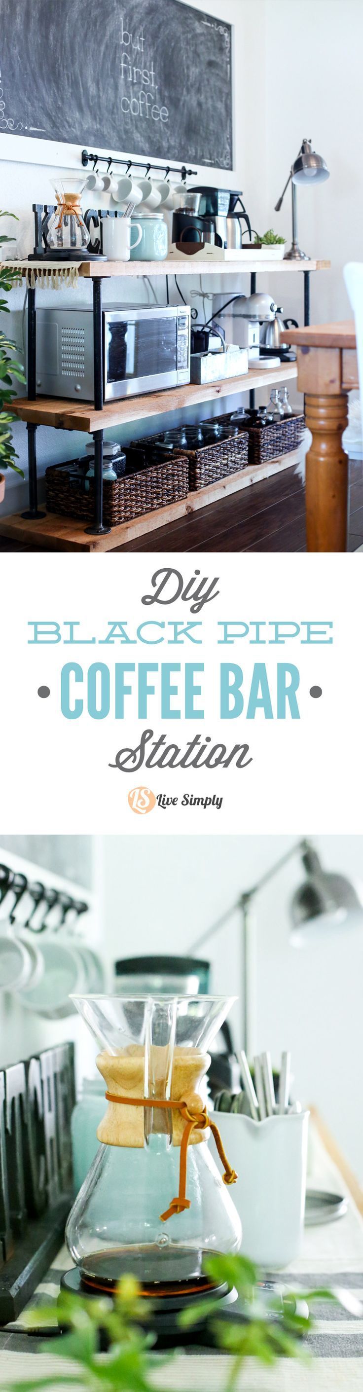 Build your own coffee bar! This project is made with industrial-style black pipes and wood–that’s it! Get that classic coffee bar