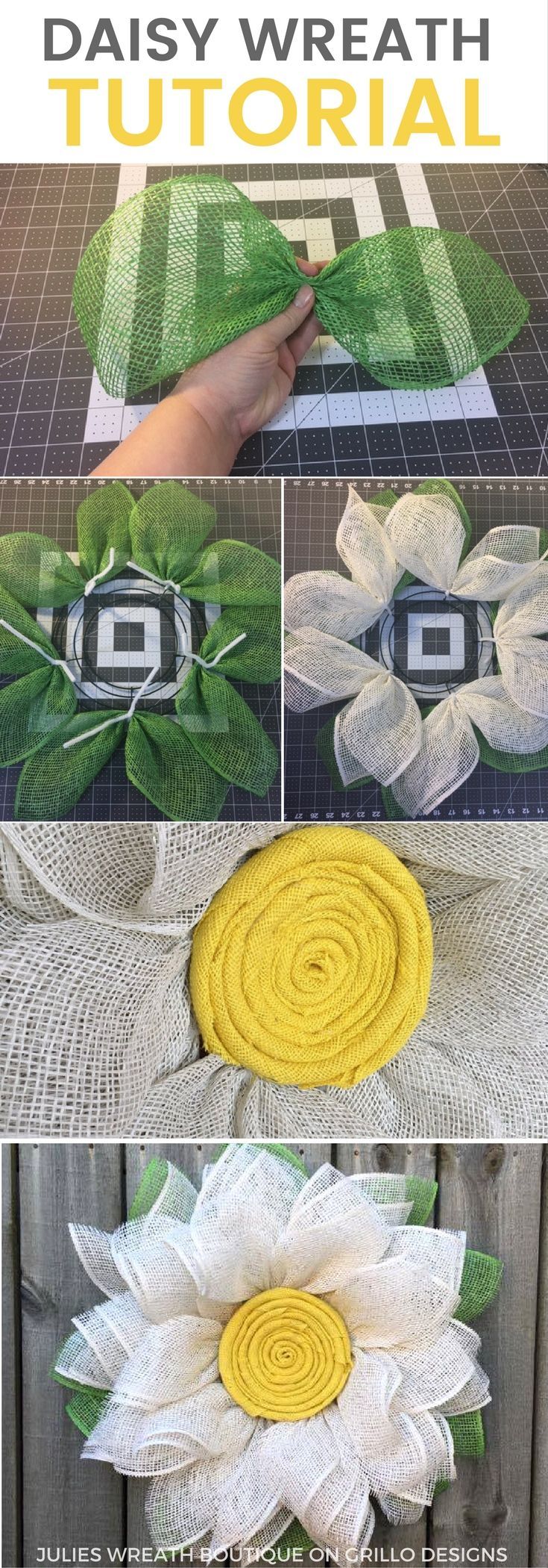 Burlap Daisy Wreath Tutorial – Learn how to make this one of a kind daisy wreath for your front door this spring! Click here for