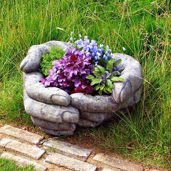 Cement Hand Planters – i luv this idea as a  memorial garden, much better then the pot i’m using.