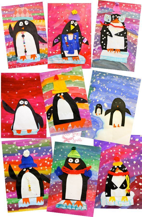 Colorful penguin art project that use simple supplies and teaches a bunch of art techniques. Makes a cute Xmas craft, too!