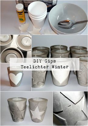 DIY Gips / Beton Teelichter Winter + Anleitung:  DIY, Basteln, Selbermachen, Gips, Beton, Teelichthalter Stern, Tannenbaum, Herz,