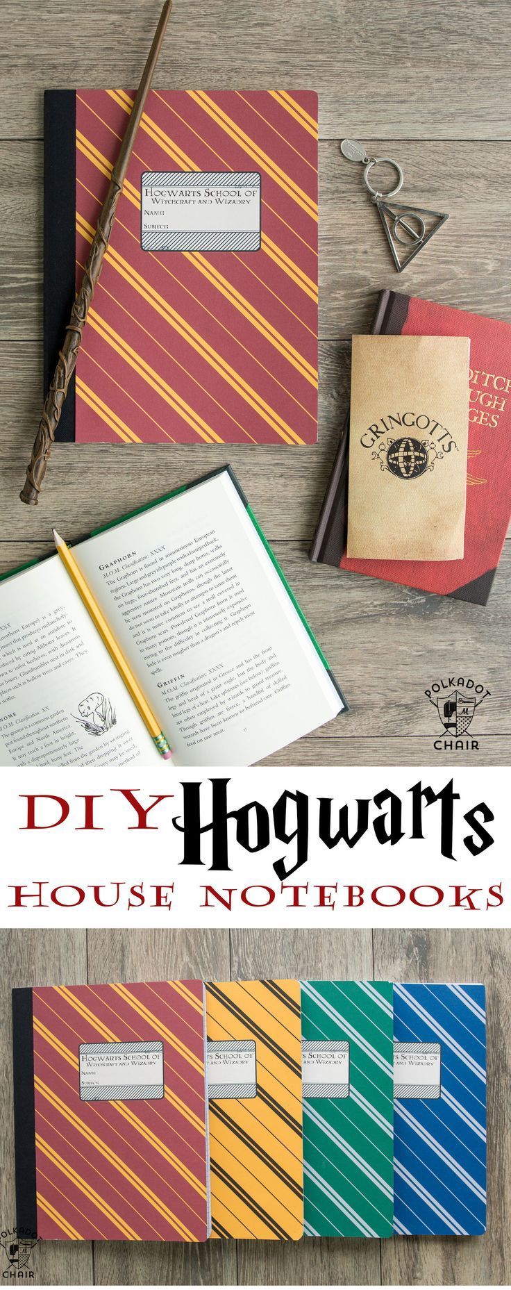 DIY Harry Potter Hogwarts Notebooks; with free printable covers for each house on http://polkadotchair.com