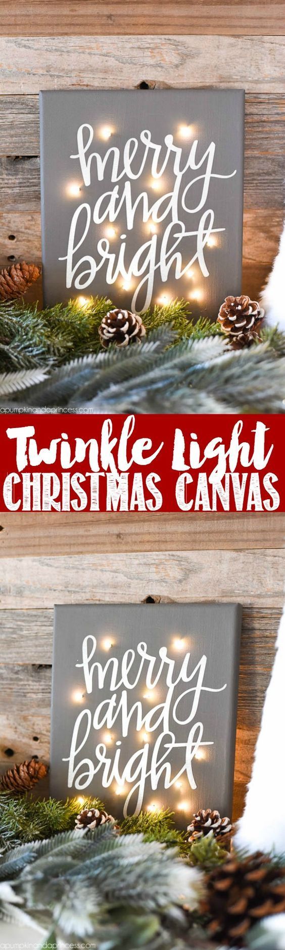 DIY Twinkle Light Christmas Canvas – how to make a Merry & Bright Christmas canvas with fairy lights from MichaelsMakers A Pumpkin