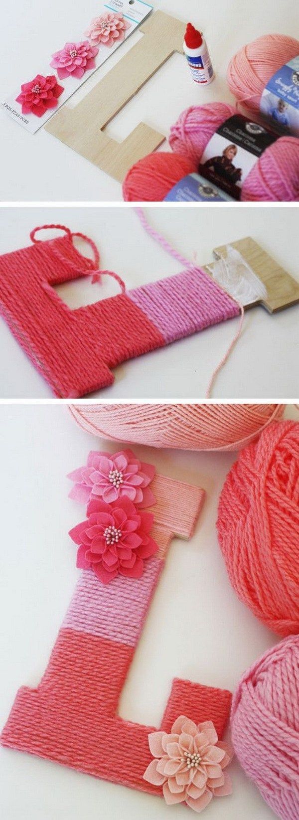 DIY Yarn Wrapped Ombre Monogram Letter: Make a decorative letter with leftover yarns. Would be a cute sign for your teen