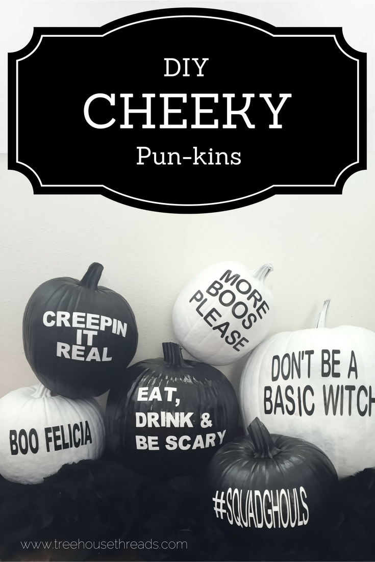 Easy DIY painted pumpkins with funny puns. A great monochrome addition to Halloween decor.