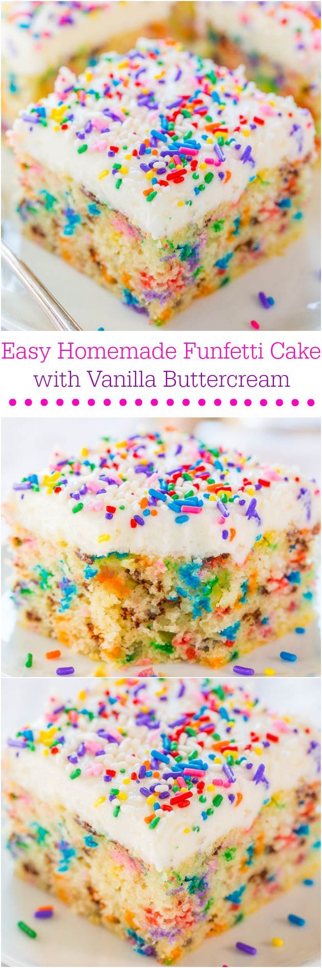 Easy Homemade Funfetti Cake –  Move over storebought cake mix!! This easy cake only takes minutes to make and tastes wayyyy