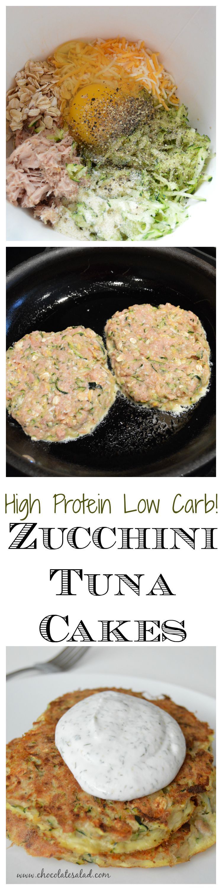 Easy meal or snack for zuuchini season. Only 280 calories and 34 g protein! Zucchini Tuna Cakes on chocolatesalad.com