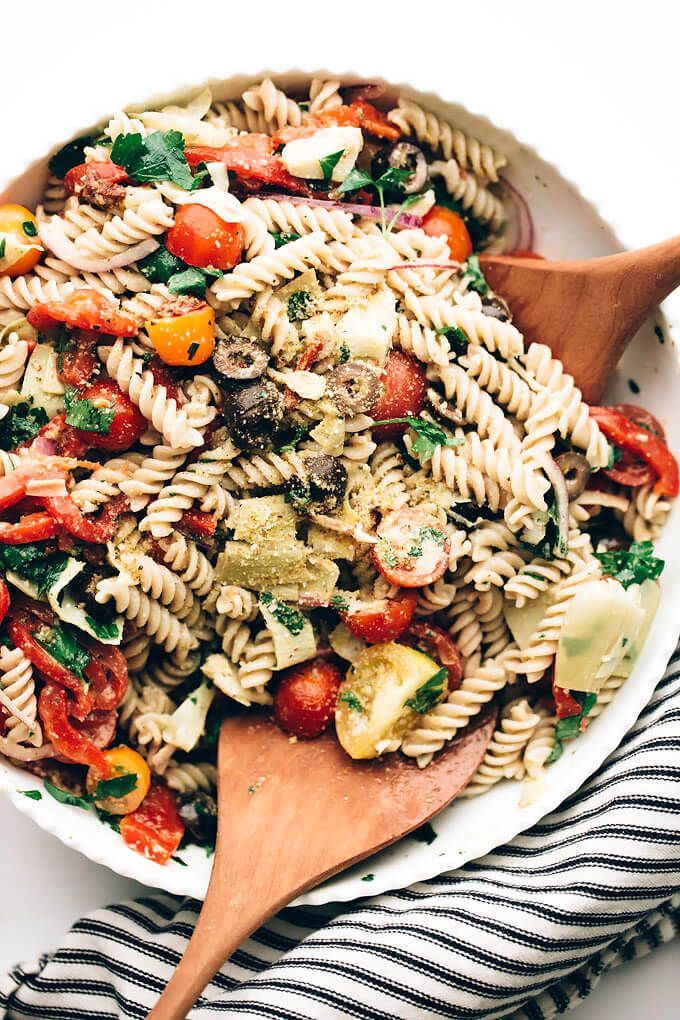 easy vegan Italian pasta salad | This simple gluten-free pasta salad is packed with crisp + tangy veggies, zesty herbs + spices,