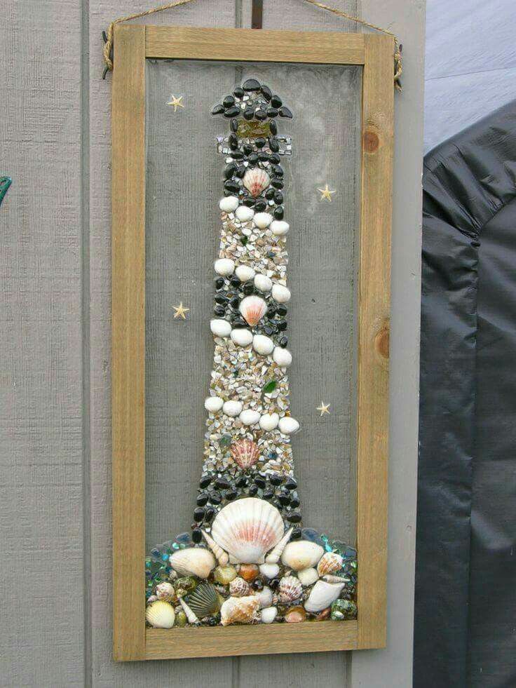 Gorgeous Inspiration for repurposing a window or frame! Lighthouse.. Sea shell, Beach Glass, Sea Glass, Starfish Framed Art  This