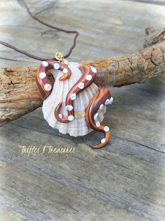 Guarding Seashells Polymer Clay Tentacle Pendant Necklace-Large Shell