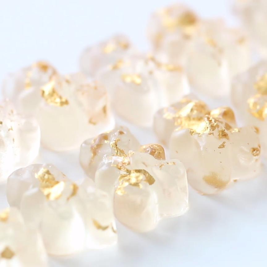 Gummy bears made from champagne and decorated with edible gold leaf!