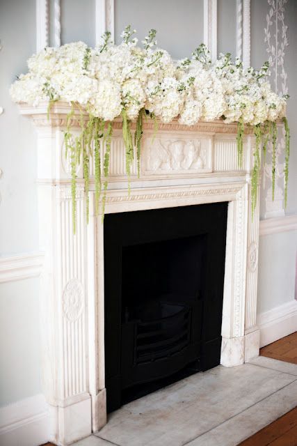 Hydrangea arrangement on the mantelpiece…love the different heights and Green Amaranthus on sides hanging down