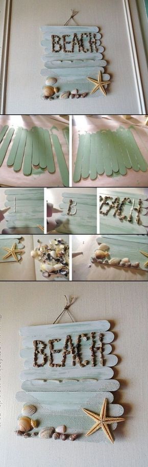 Info from mostlovely site: you’ll need craft sticks, glue and a paintbrush, pebbles, seashells and a starfish, sand. Paint craft