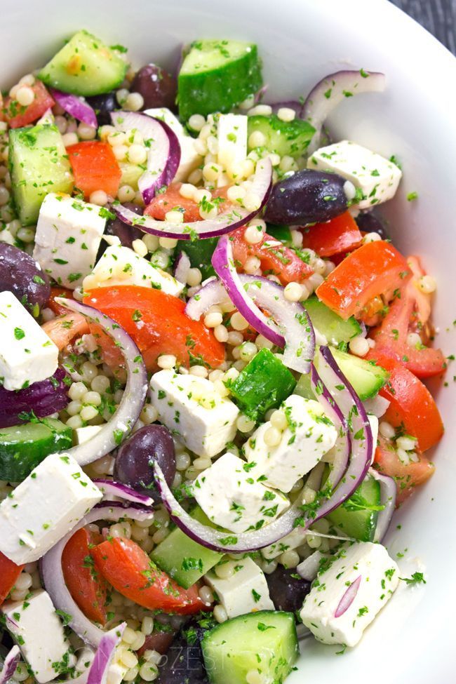 Israeli Couscous Greek Salad Recipe – Light & refreshing salad packed full of fresh produce perfect for getting healthy this