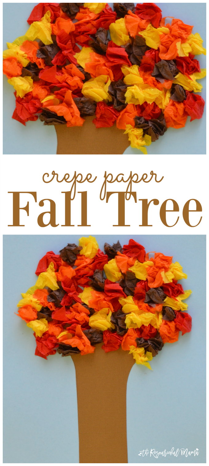 Kids explore texture and sound, develop fine motor skills, and have fun while making this easy crepe paper fall tree craft. leaves