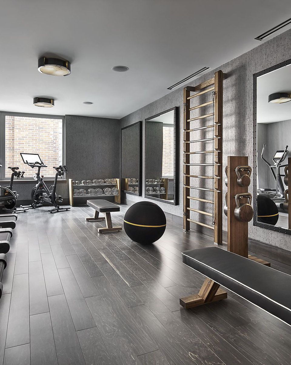 Luxury Fitness Home Gym Equipment and for Personal Studio. Dumbbells, Wal Bar, Exercise bench and kettlebells.