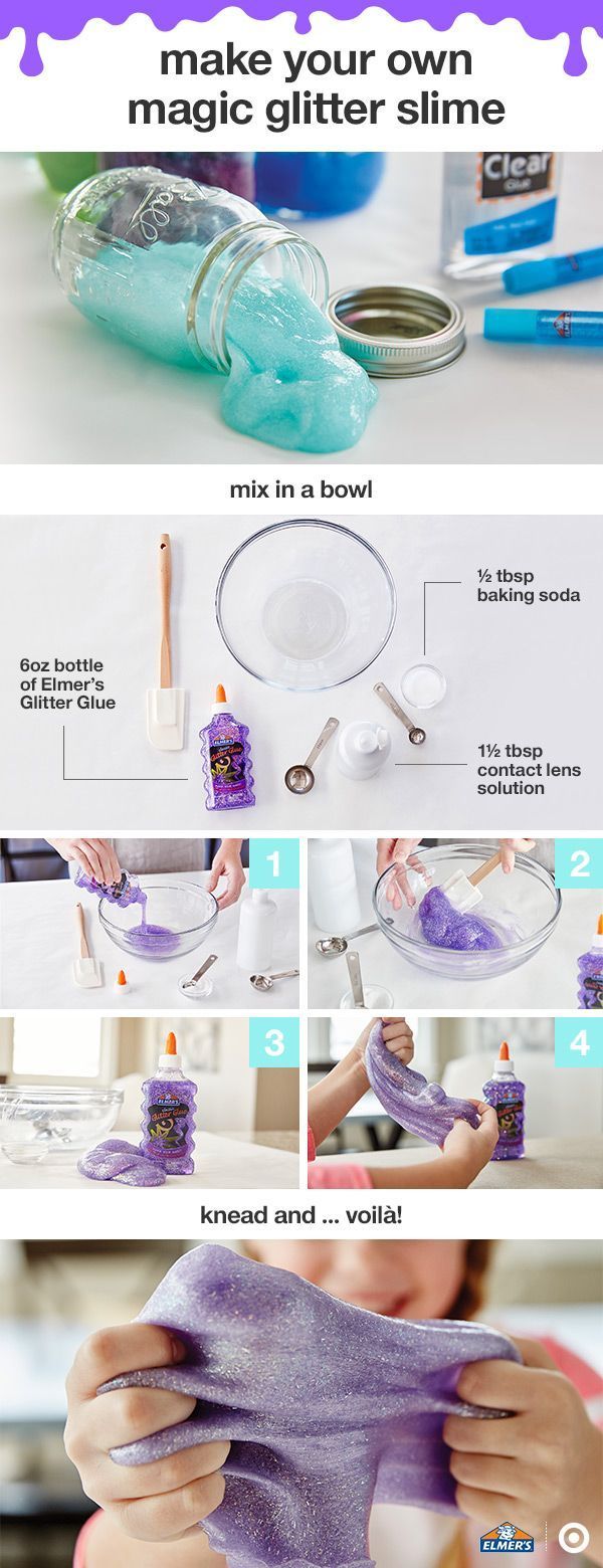 Make your own magic glitter slime! Step 1: Empty a full 6oz bottle of Elmer’s Glitter Glue Step 2: Add ½ tbsp baking soda Step