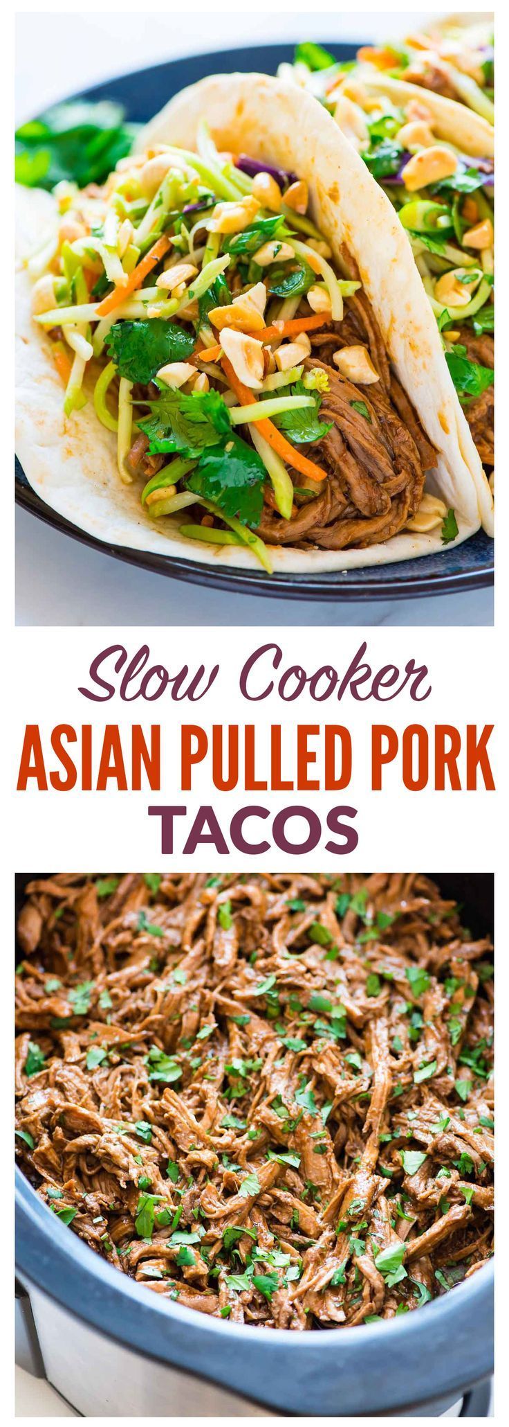 Melt-in-your-mouth Slow Cooker Pulled Pork with hoisin, ginger, and garlic, topped with crunchy peanut broccoli slaw. Made with