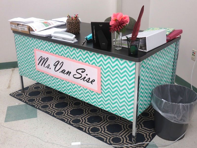My classroom teacher desk that I designed using wrapping paper and construction paper.  I used regular tape to attach it to the