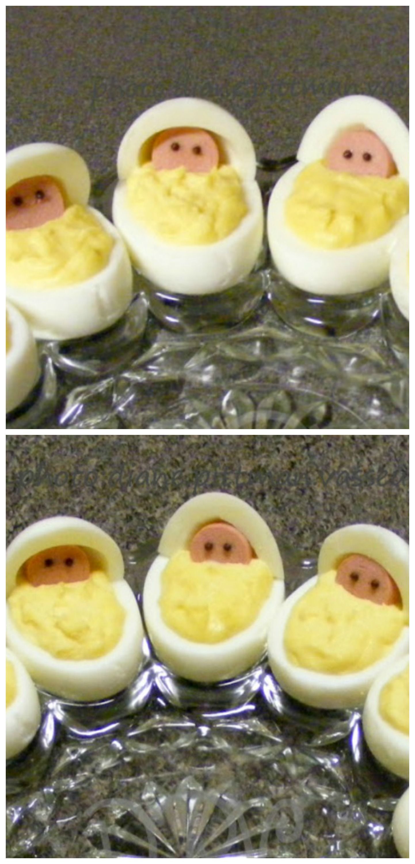 Newborn Babies Deviled Eggs ~ Fun idea for a baby shower… Deviled eggs are decorated with thin slices of vienna sausage and