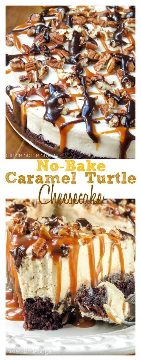 No-Bake Caramel Turtle Cheesecake. This cheesecake is super creamy, rich and decadent with a fudgy brownie bottom. I guarantee