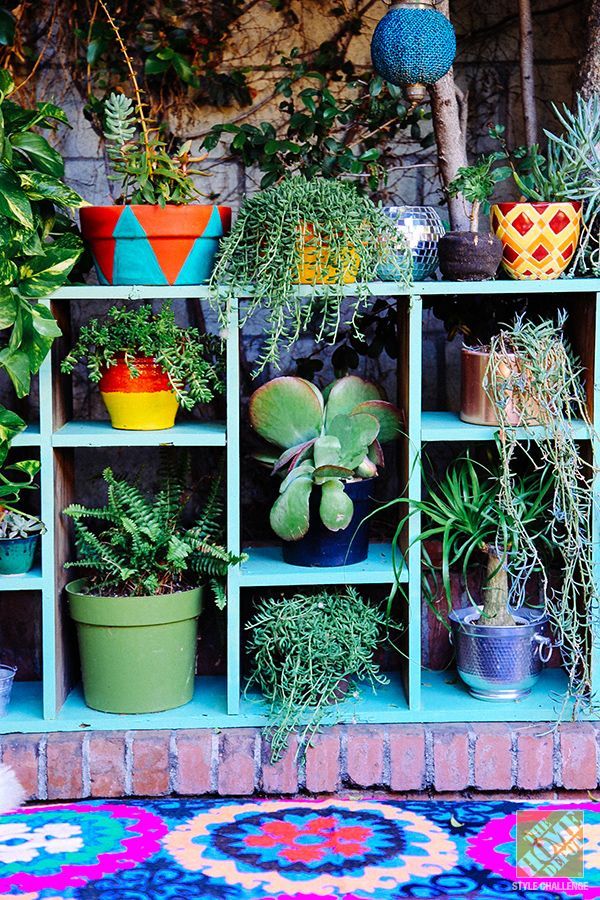 Outdoor Decorating Ideas: We painted an old shelf we found on the street last year a pretty aqua color