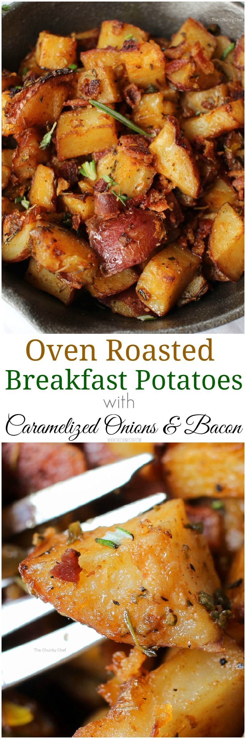 Oven Roasted Breakfast Potatoes – Perfectly seasoned and roasted red-skin potatoes topped with caramelized onions, crispy bacon