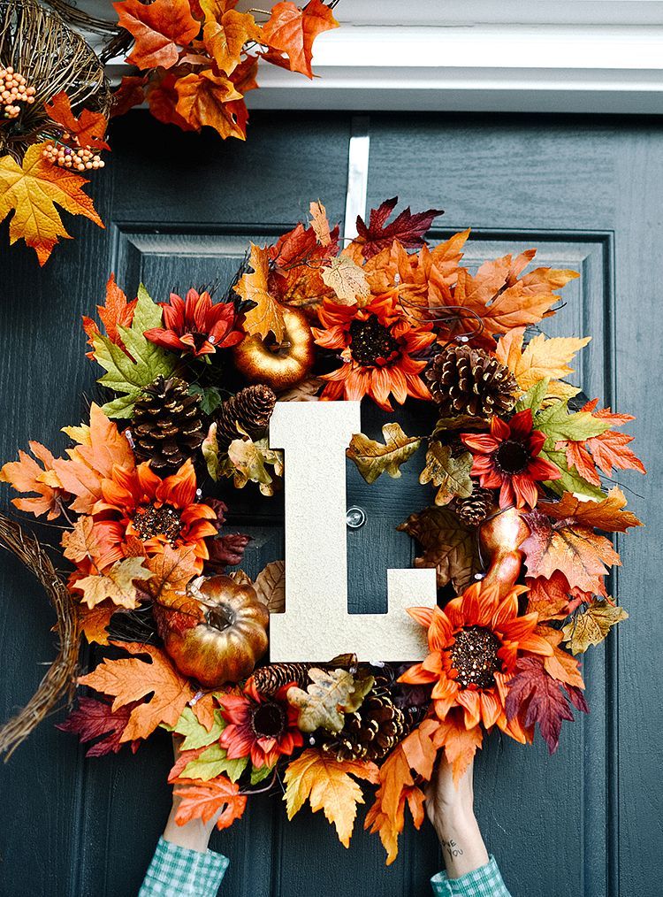 Personalize your fall wreath with a monogram. That’s just one of the very simple fall decorating ideas from Ashley Lloyd of