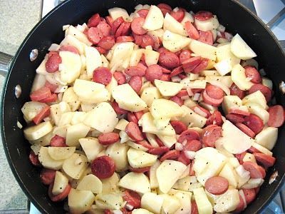 “Poor Man’s Meal” ~ Depression Era====fried taters n onions with sliced hot dogs  Yep, made this a lot!