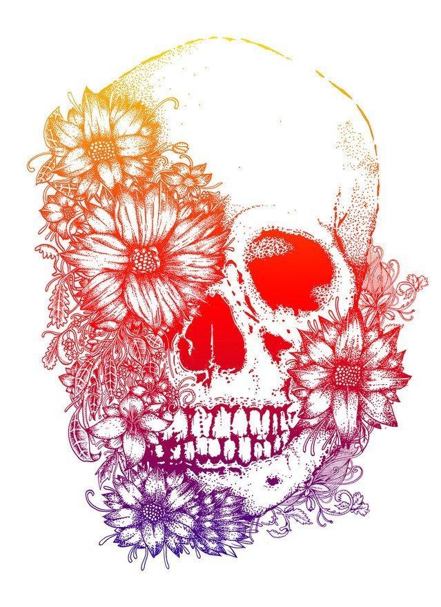 Rainbow Flowers Skull Tattoo Design