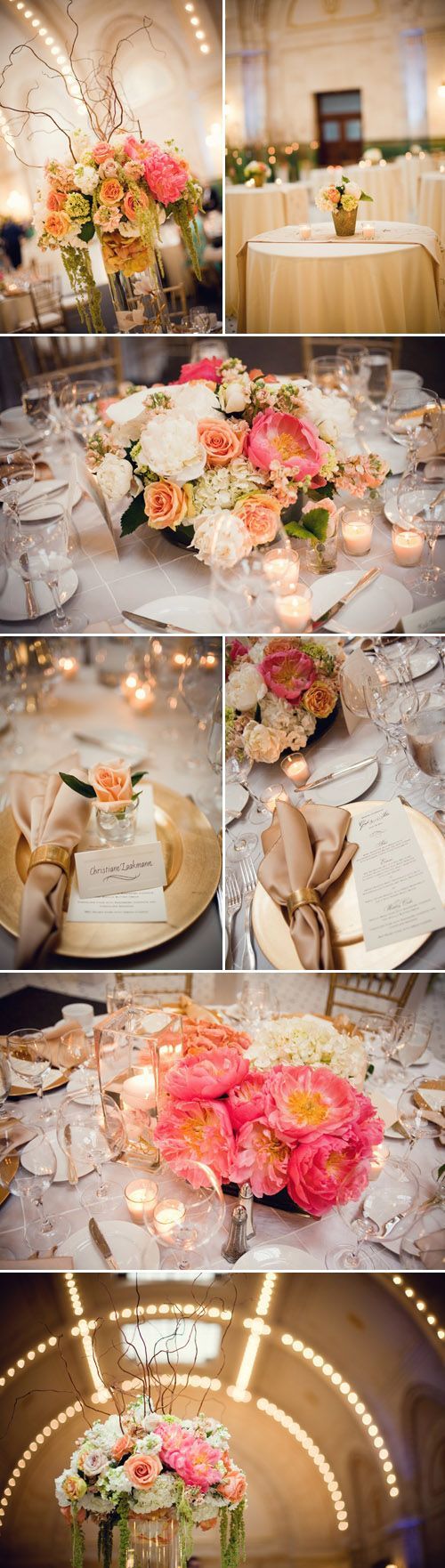 romantic ivory, gold, champagne and peach wedding floral decor at Union Station, Seattle, photos by Stephanie Cristalli