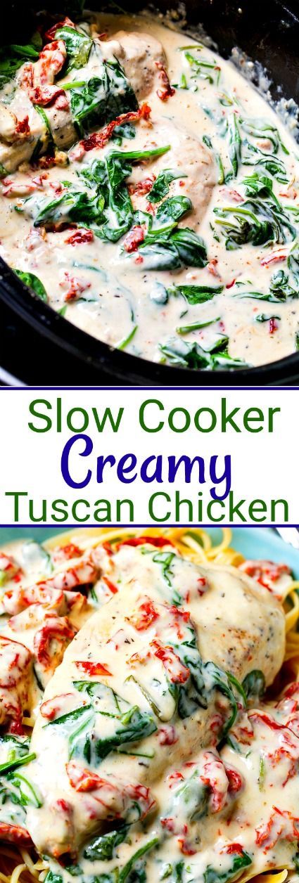 Slow Cooker Creamy Tuscan Chicken with sun-dried tomatoes and spinach