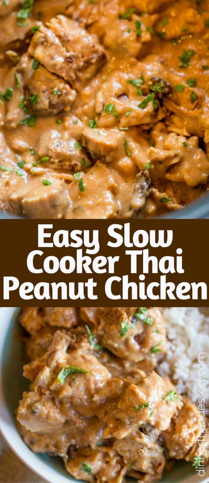 Slow Cooker Thai Peanut Chicken is an easy weeknight meal made with coconut milk, lime juice, peanut butter, ginger and garlic.